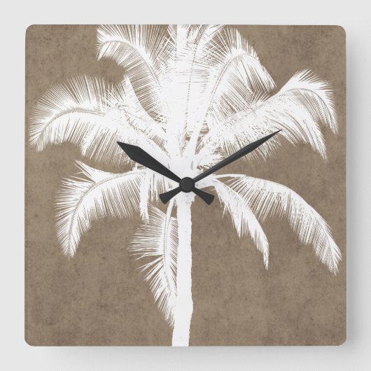 Horloge Carrée Palmier Tropical Hawaiien Rétro Silhouette Blanc (Recto)
