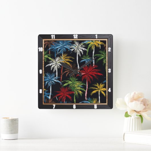 Horloge Carrée Palmiers colorés Noir (Maison)