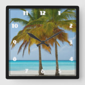 Horloge Carrée Palmiers pittoresques sur une plage tropicale (Recto)