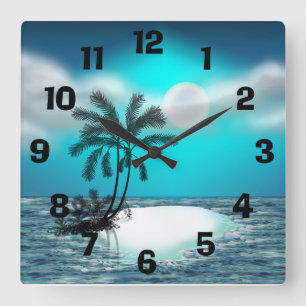 Horloge Carrée Palmiers sur une île tropicale