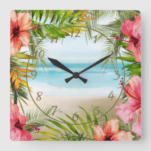 Horloge Carrée Palmiers tropicaux Paradise Island   Fleurs d'Hibi