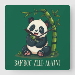 Horloge Carrée Panda Adorable Enlaçant Bambou Mignon Dessin Animé