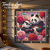 Horloge Carrée Panda Couple Rose Garden