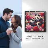 Horloge Carrée Panda Couple Rose Garden
