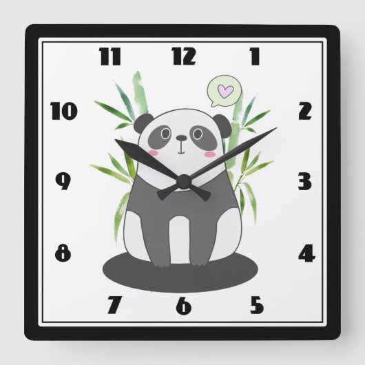 Horloge Carrée Panda noir et blanc mignonne en Bambou (Recto)