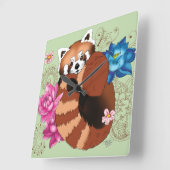 Horloge Carrée Panda Rouge Lotus Fleurs Henné (Angle)