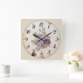Horloge Carrée Panier de fleurs violettes (Maison)