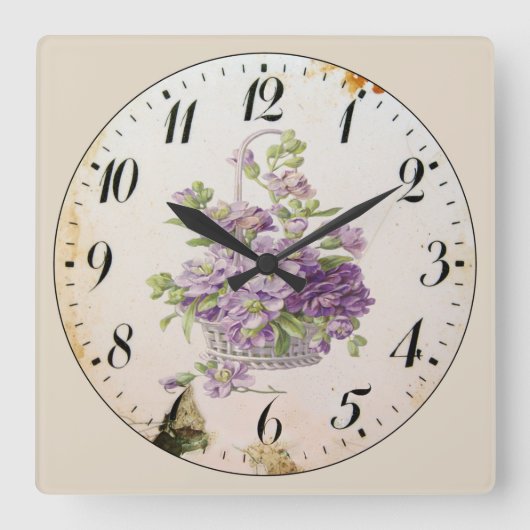Horloge Carrée Panier de fleurs violettes (Recto)