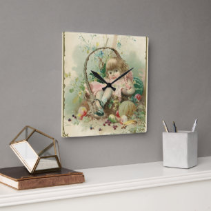 Horloge Carrée Panier de fruits printaniers d'enfant victorien vi