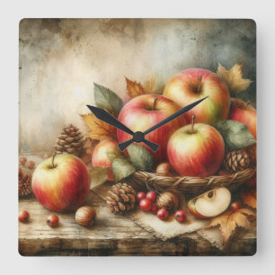 Horloge Carrée Panier de pommes sur la table aquarelle vintage