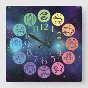 Horloge Carrée Panneaux d'horoscope colorés de la roue du Zodiac