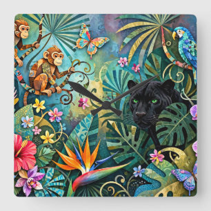 Horloge Carrée Panthère noire Afrique Collage gai Style Jungle