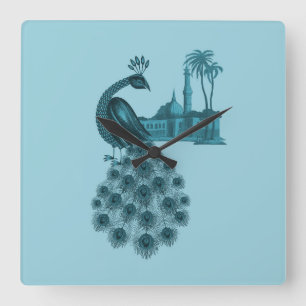 Horloge Carrée Paon Bleu Romantique