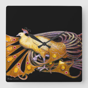 HORLOGE CARRÉE PAON ÉLÉGANT JAUNE ET NOIR