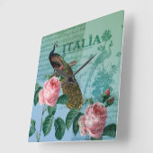 Horloge Carrée Paon romantique de musical de roses (Angle)