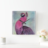 HORLOGE CARRÉE PAON ROSE MAGNIFIQUE (Maison)