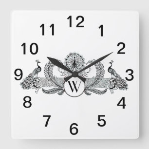 Horloge Carrée Paons vintage avec monogramme