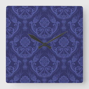 Horloge Carrée Papier peint bleu fleuri damassé de luxe