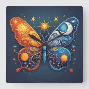 Horloge Carrée Papillon bicolore sur soleil brillant