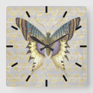 Horloge Carrée Papillon bleu et jaune Vintage