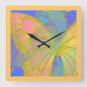 Horloge Carrée Papillon bleu pêche en or chic