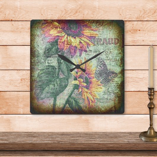 Horloge Carrée Papillon de tournesol rustique Gras Ephemera