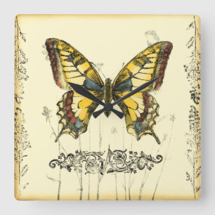 Horloge Carrée Papillon décoratif avec Fleur sauvage