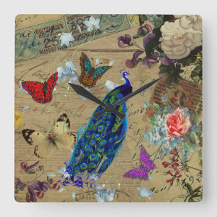 Horloge Carrée Papillon mignon de paon coloré bleu vintage