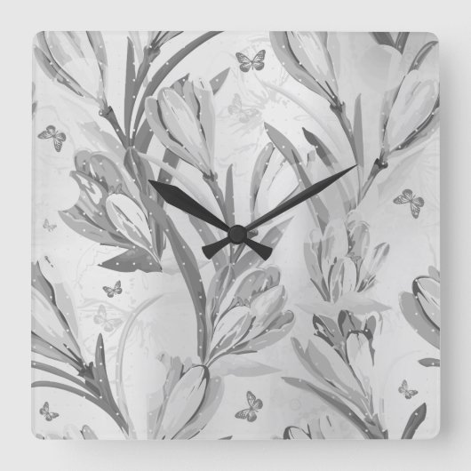 Horloge Carrée Papillon monochromatique gris argenté (Recto)