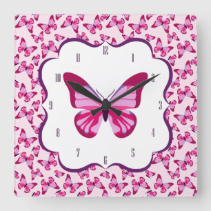 Horloge Carrée Papillon Motif Plutôt rose violet