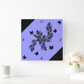 Horloge Carrée papillon noir sur lilas (Maison)