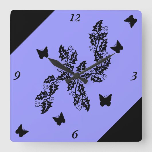 Horloge Carrée papillon noir sur lilas (Recto)