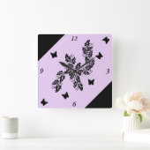 Horloge Carrée Papillon noir sur violet (Maison)