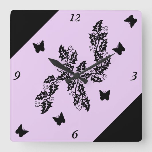 Horloge Carrée Papillon noir sur violet (Recto)
