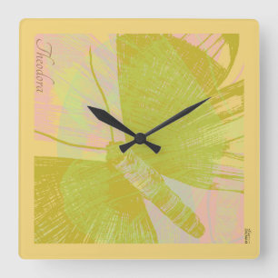 Horloge Carrée Papillon Or Abstrait Violet rose Pastel