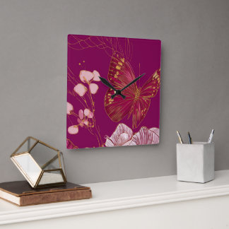 Horloge Carrée Papillon rose