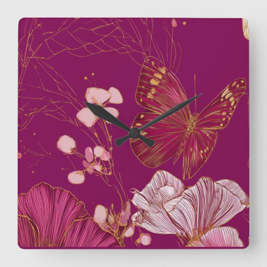 Horloge Carrée Papillon Rose (Recto)