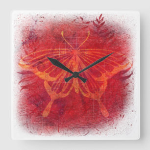 Horloge Carrée Papillon rouge Abstrait en relief