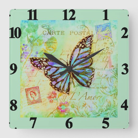 Horloge Carrée Papillon sarcelle et violet (Recto)
