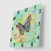 Horloge Carrée Papillon sarcelle et violet (Angle)