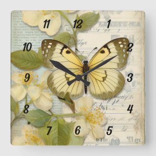 Horloge Carrée Papillon vintage et fleurs