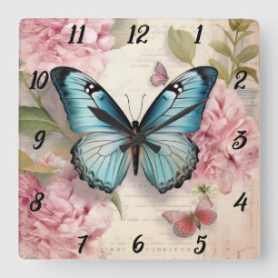 Horloge Carrée Papillon vintage et fleurs