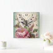 Horloge Carrée Papillon vintage et fleurs (Maison)