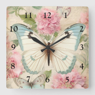 Horloge Carrée Papillon vintage et fleurs