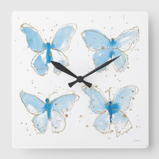 Horloge Carrée Papillons bleu Watercolor (Recto)