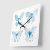 Horloge Carrée Papillons bleu Watercolor (Angle)