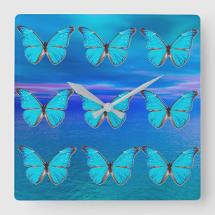 Horloge Carrée Papillons bleus