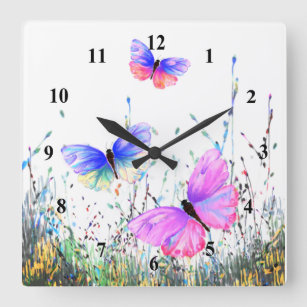 Horloge Carrée Papillons colorés volant dans la nature - Printemp