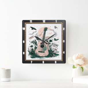Horloge Carrée Papillons de guitare Cassettes Vintages