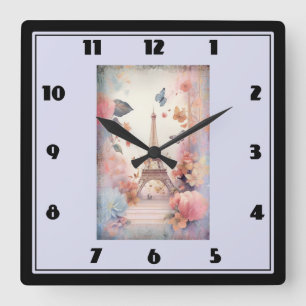 Horloge Carrée Papillons et fleurs de la tour Eiffel